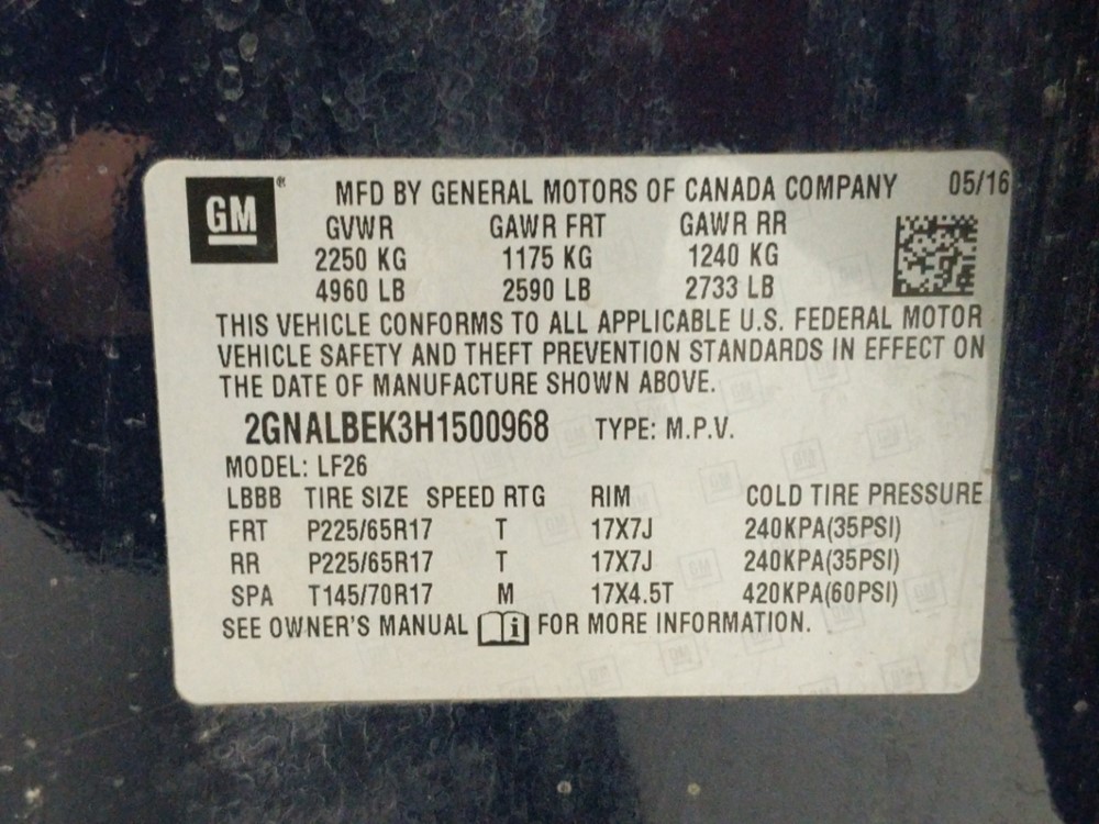 2017 Chevrolet Equinox - VIN Plate