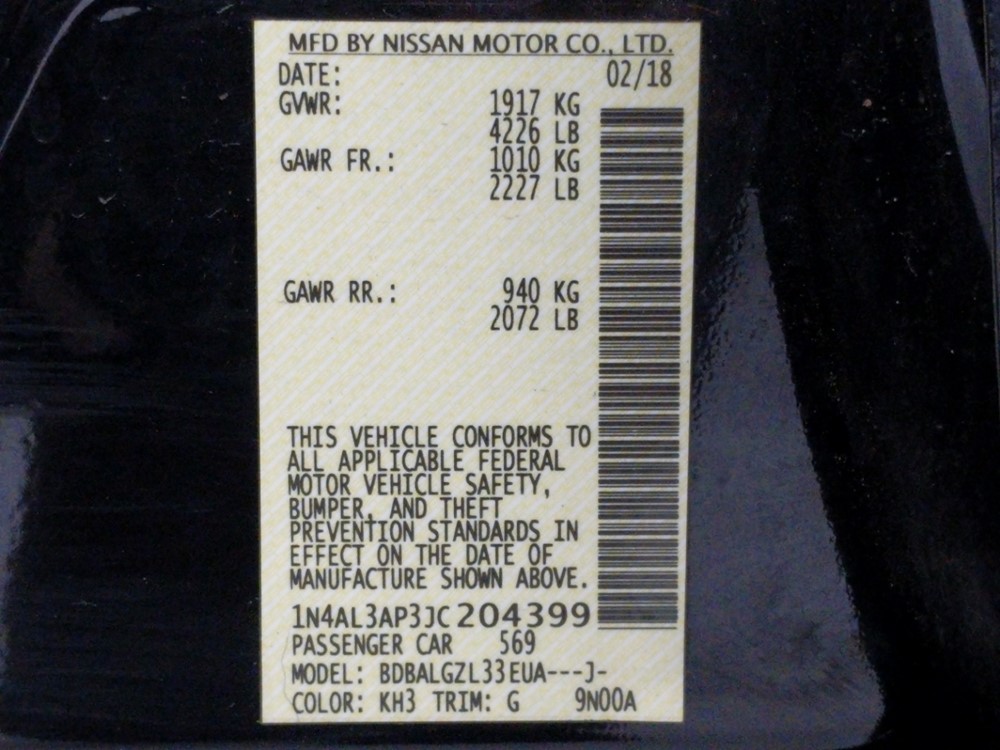 2018 Nissan Altima - VIN Plate