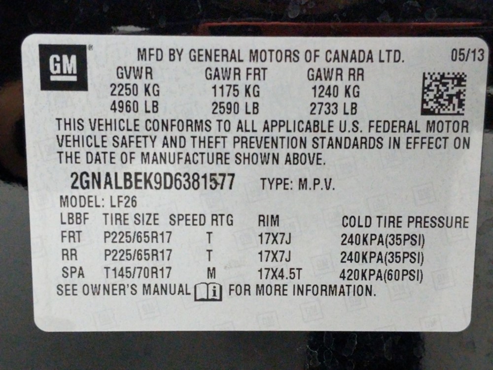 2013 Chevrolet Equinox - VIN Plate