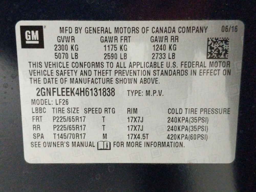 2017 Chevrolet Equinox - VIN Plate