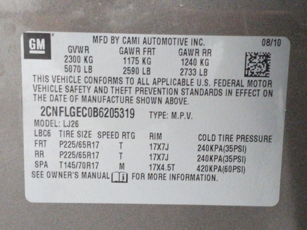 2011 Chevrolet Equinox - VIN Plate