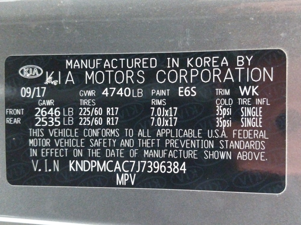 2018 Kia Sportage - VIN Plate