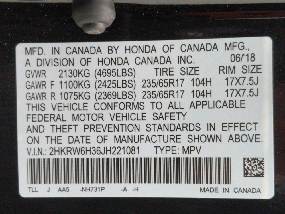 2018 Honda CR-V - VIN Plate