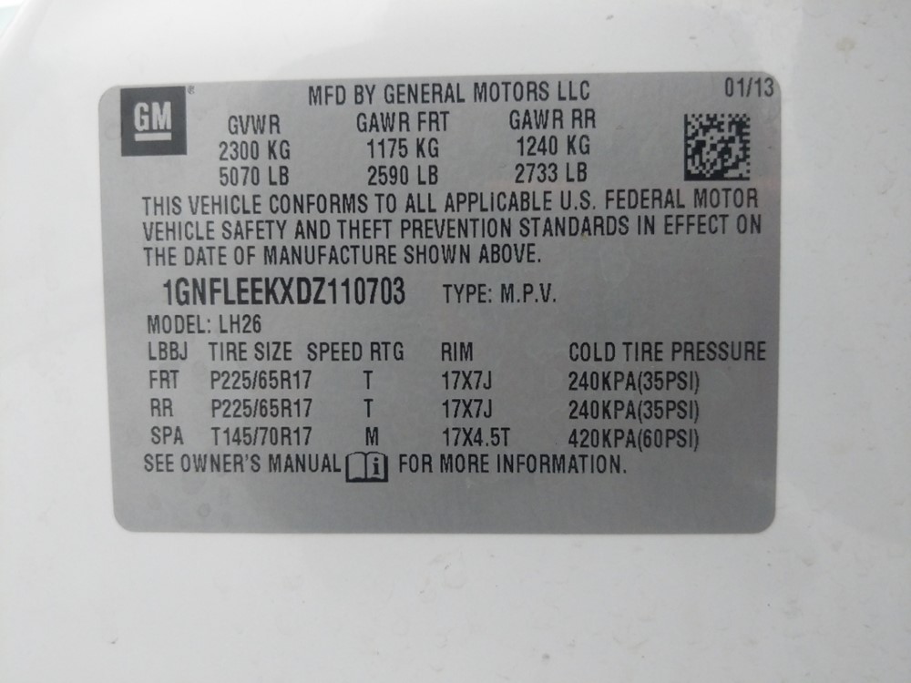 2013 Chevrolet Equinox - VIN Plate