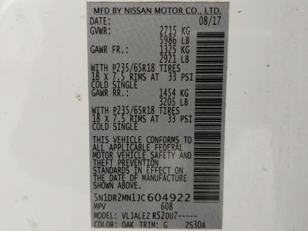 2018 Nissan Pathfinder - VIN Plate