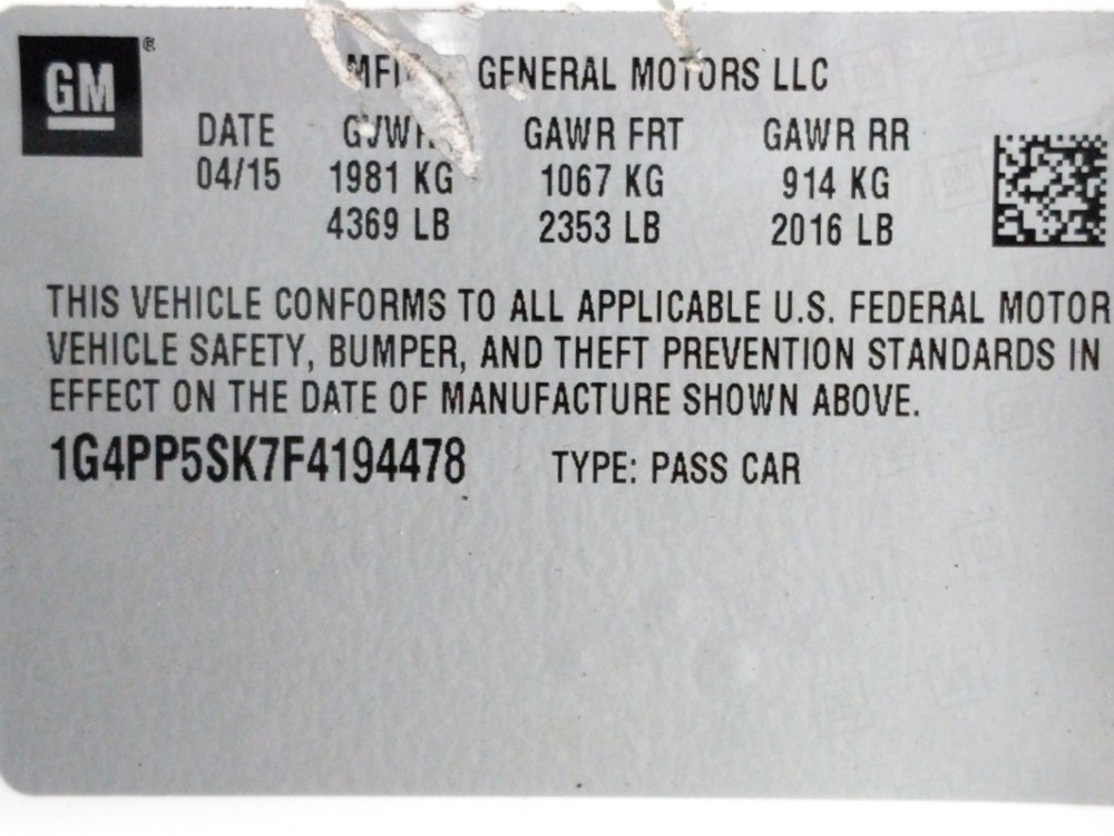2015 Buick Verano - VIN Plate
