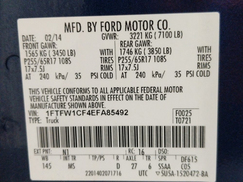 2014 Ford F-150 - VIN Plate