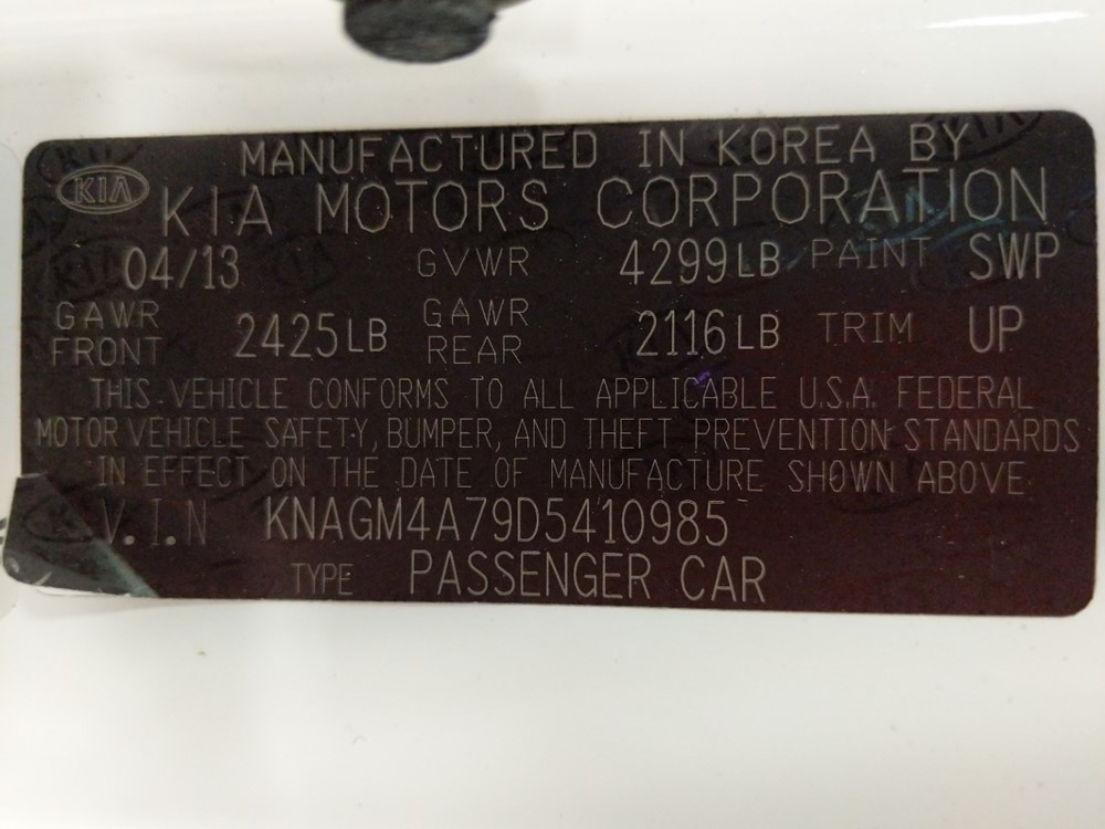2013 Kia Optima - VIN Plate