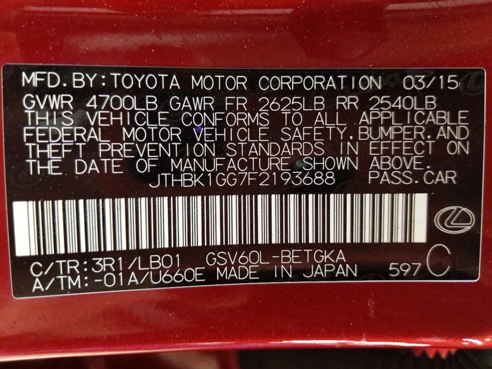 2015 Lexus ES 350 - VIN Plate