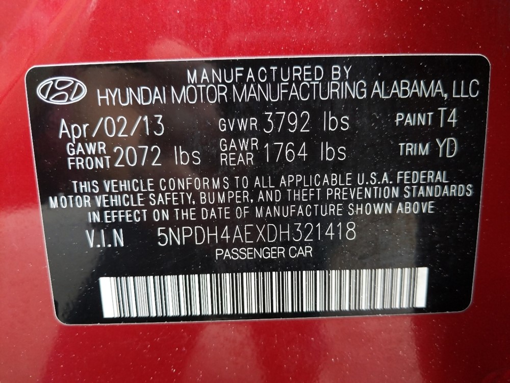 2013 Hyundai Elantra - VIN Plate