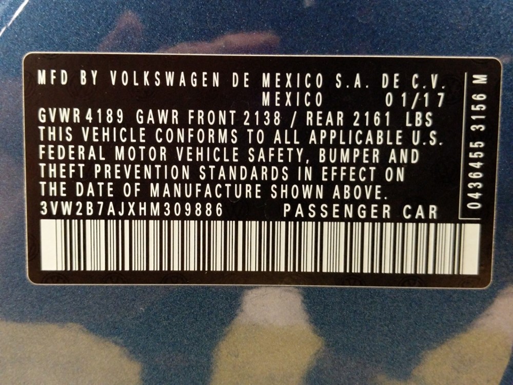 2017 Volkswagen Jetta - VIN Plate