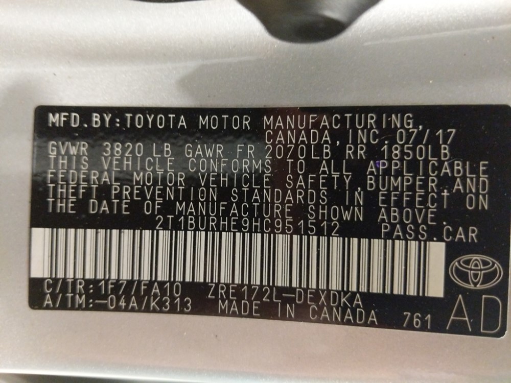 2017 Toyota Corolla - VIN Plate