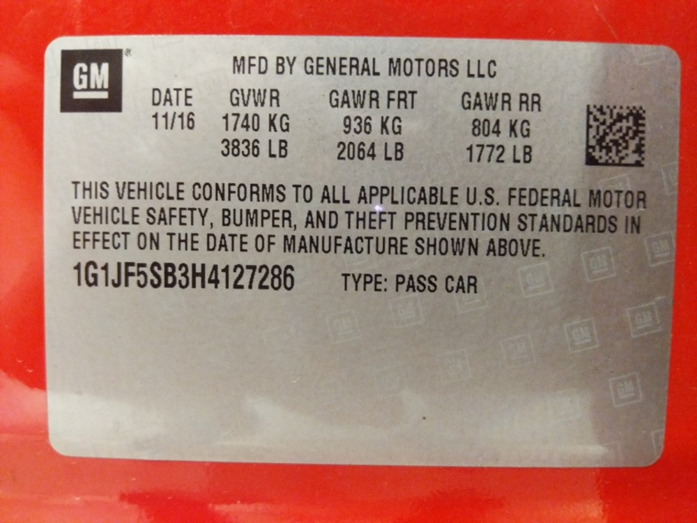 2017 Chevrolet Sonic - VIN Plate