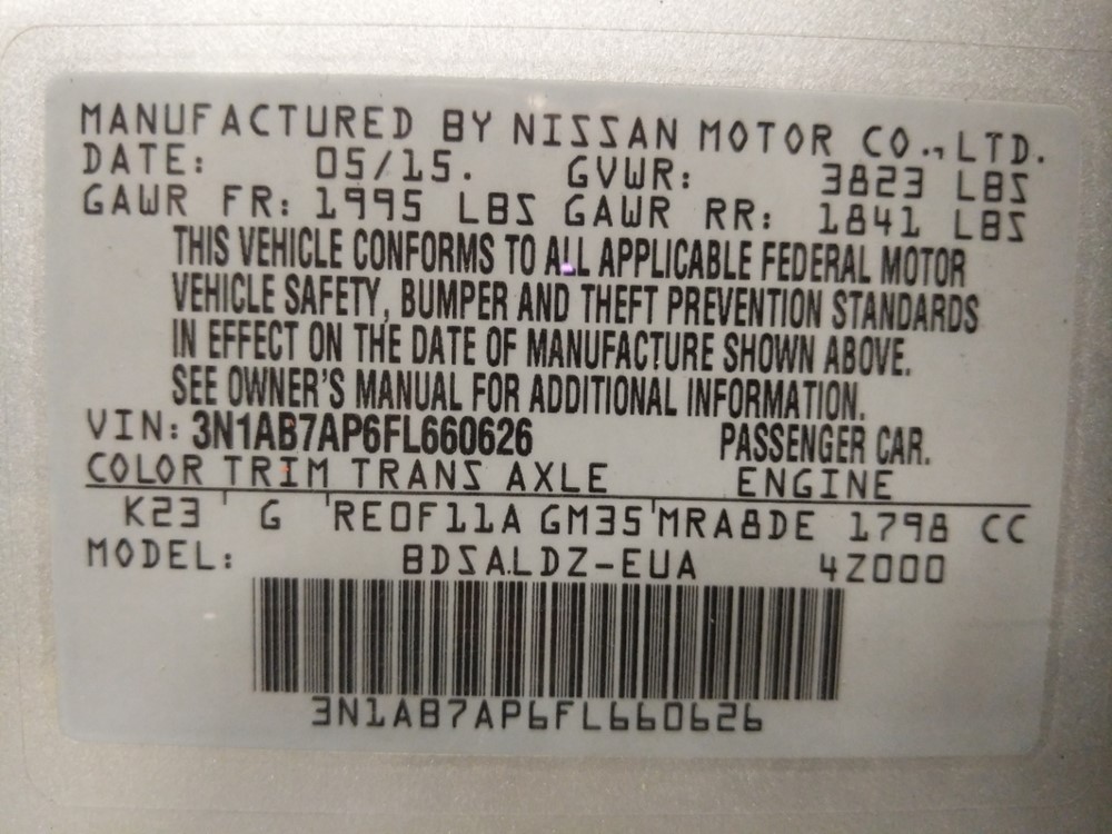2015 Nissan Sentra - VIN Plate