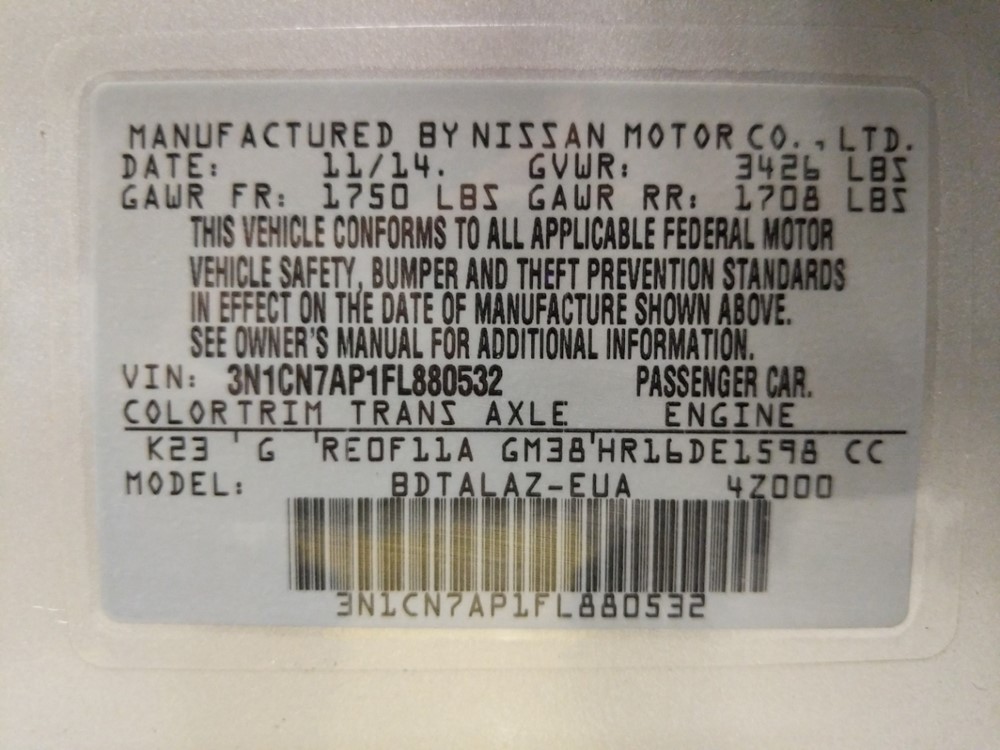 2015 Nissan Versa - VIN Plate