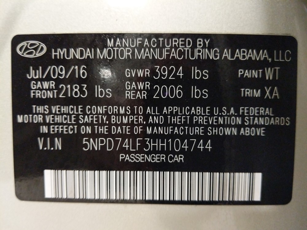 2017 Hyundai Elantra - VIN Plate
