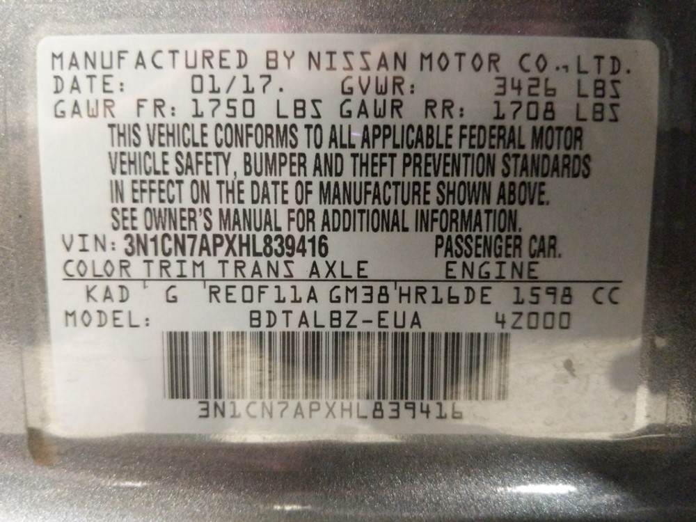2017 Nissan Versa - VIN Plate