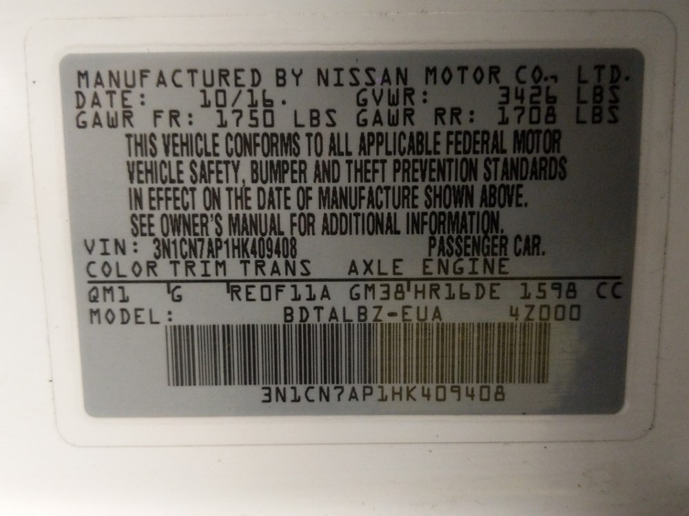 2017 Nissan Versa - VIN Plate