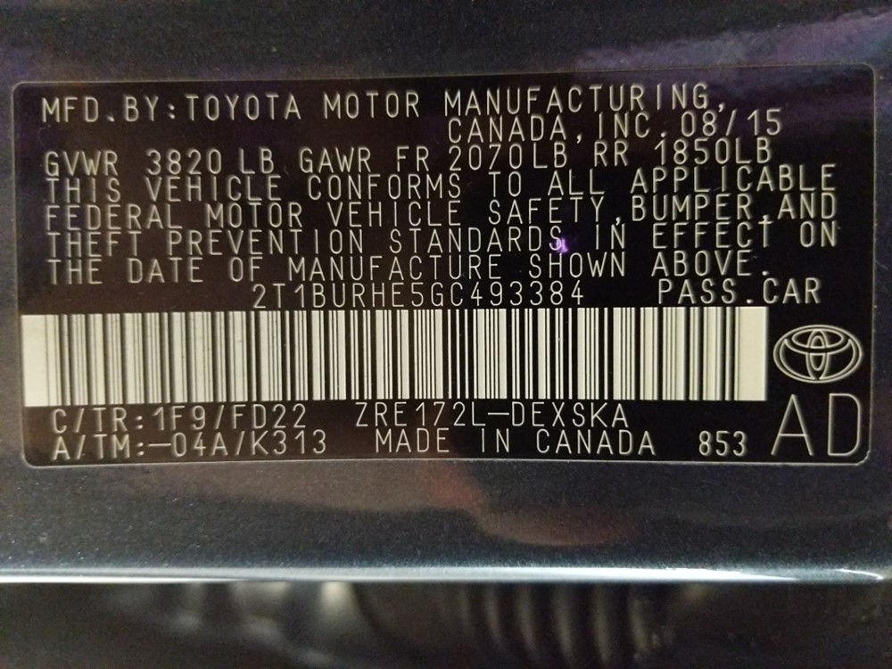 2016 Toyota Corolla - VIN Plate