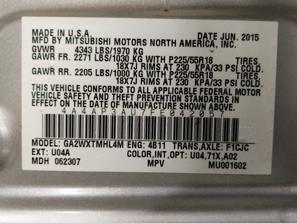 2015 Mitsubishi Outlander - VIN Plate
