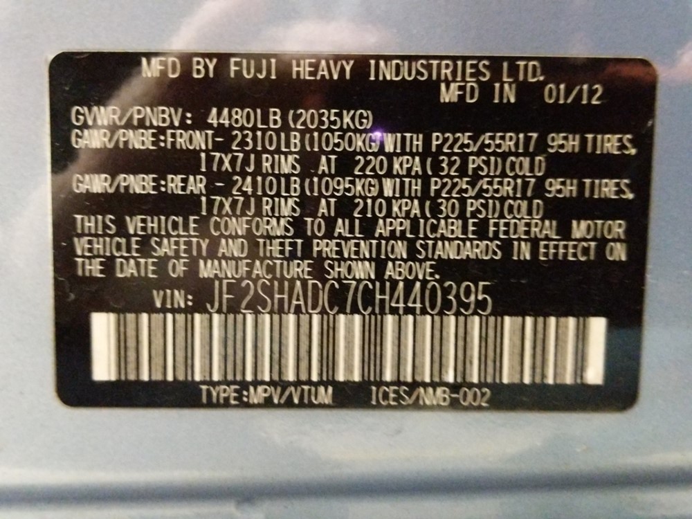2012 Subaru Forester - VIN Plate