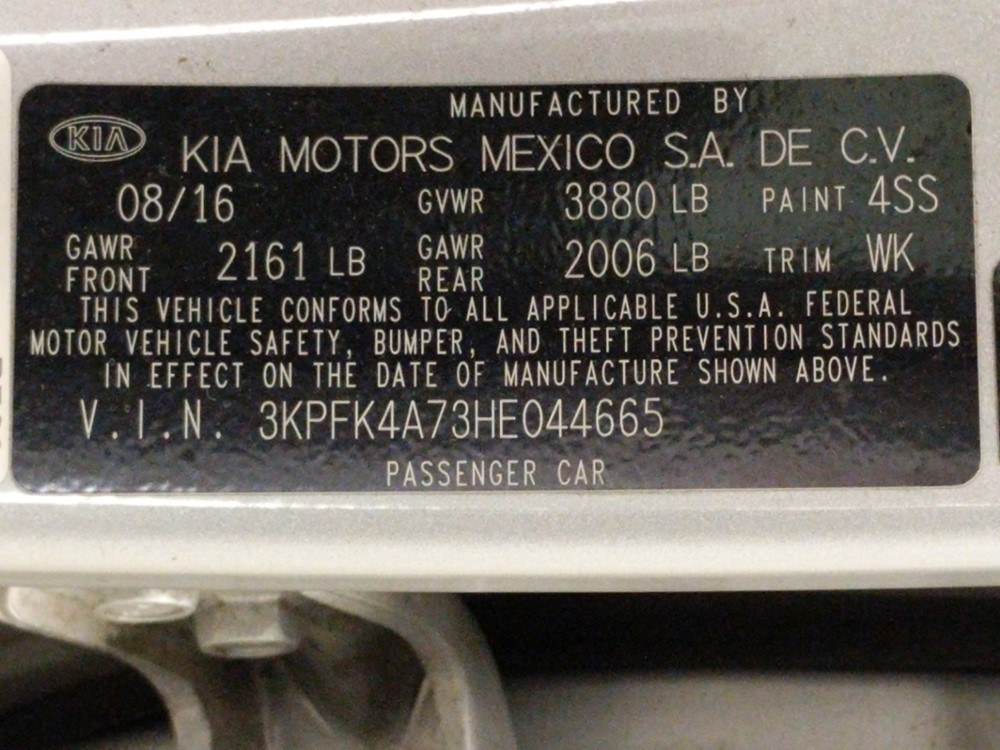 2017 Kia Forte - VIN Plate