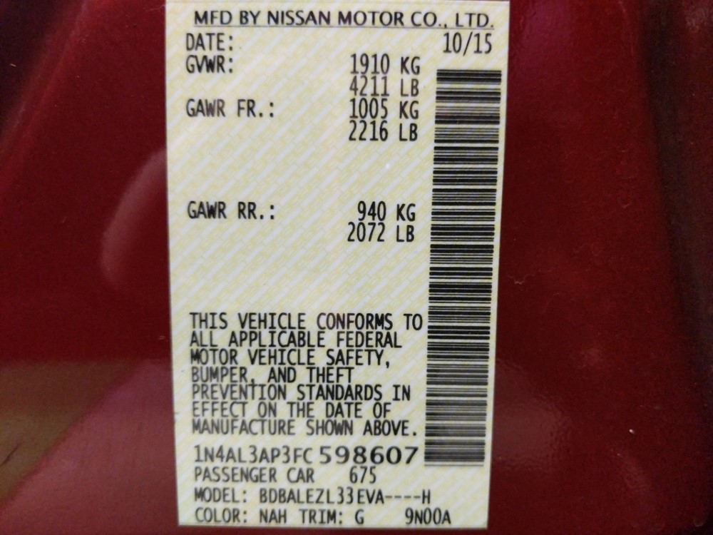 2015 Nissan Altima - VIN Plate