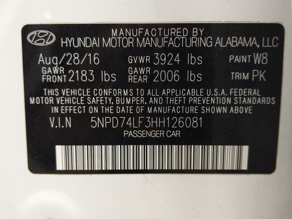2017 Hyundai Elantra - VIN Plate