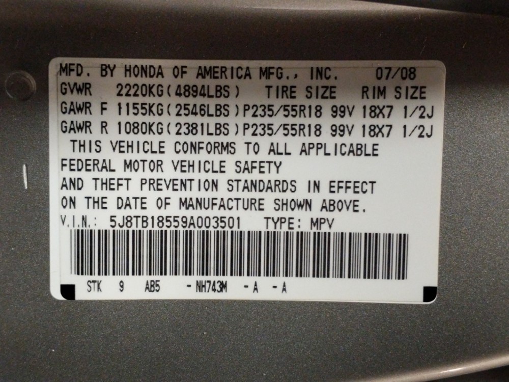 2009 Acura RDX - VIN Plate