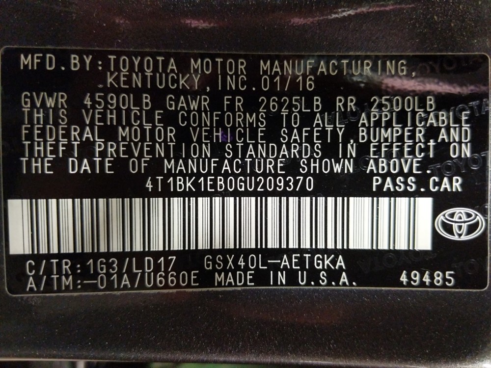 2016 Toyota Avalon - VIN Plate
