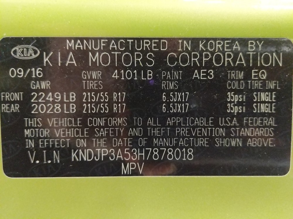 2017 Kia Soul - VIN Plate