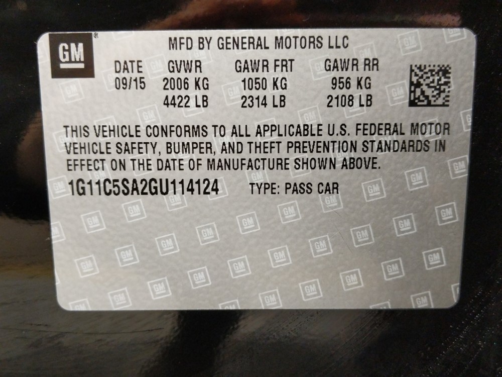 2016 Chevrolet Malibu - VIN Plate