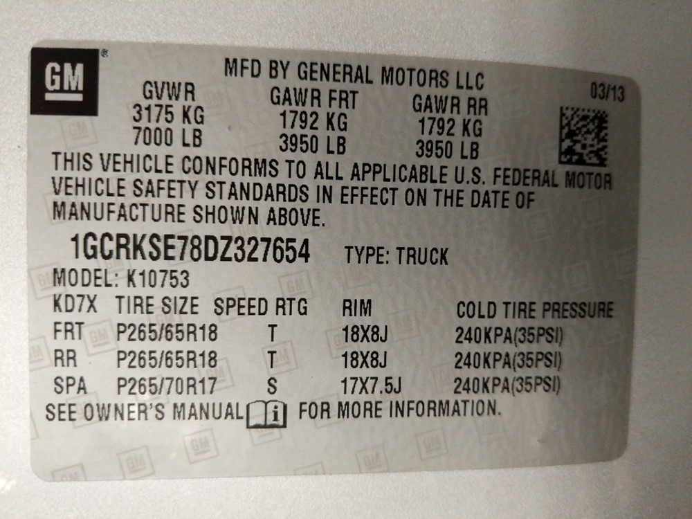 2013 Chevrolet Silverado 1500 - VIN Plate