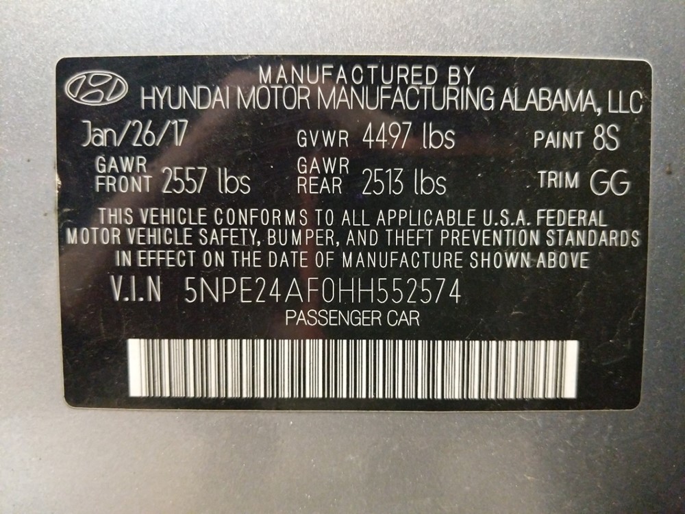 2017 Hyundai Sonata - VIN Plate
