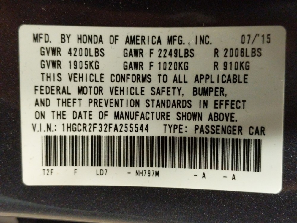 2015 Honda Accord - VIN Plate