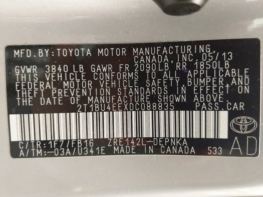 2013 Toyota Corolla - VIN Plate