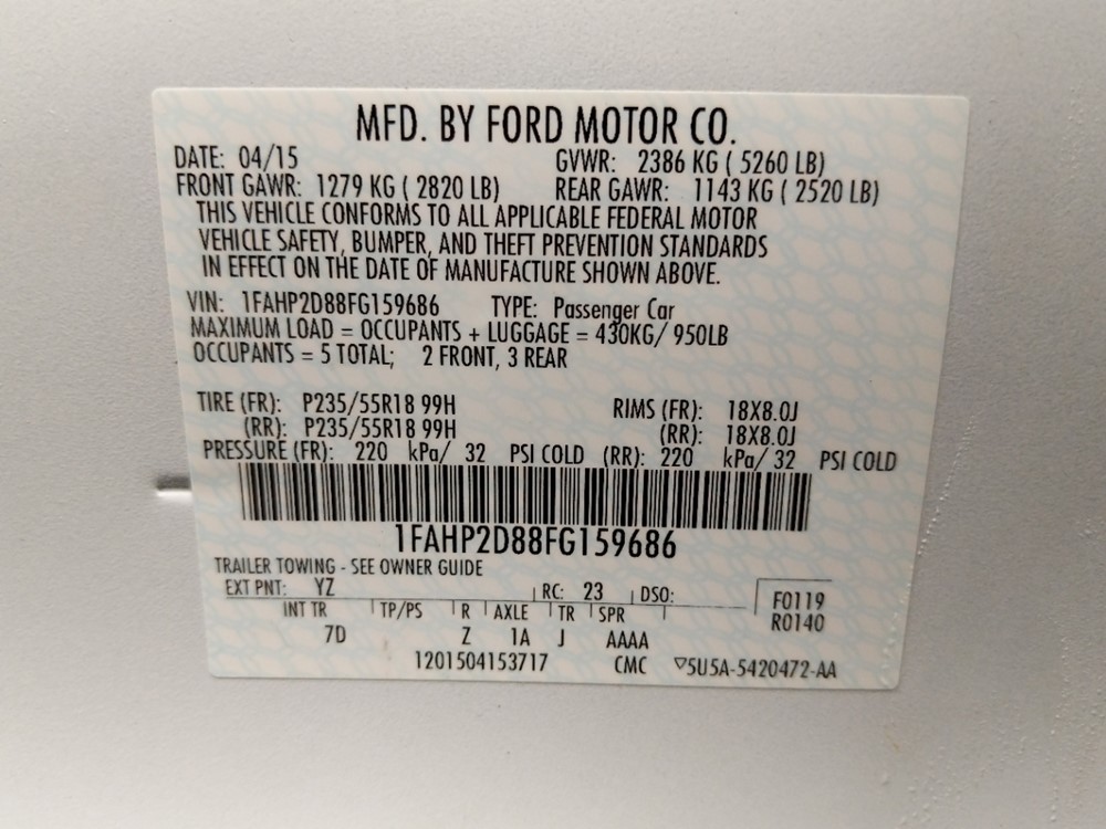 2015 Ford Taurus - VIN Plate