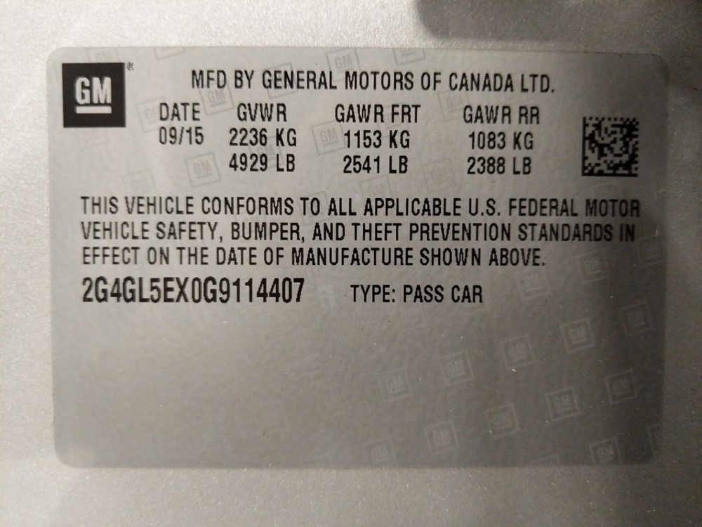 2016 Buick Regal - VIN Plate