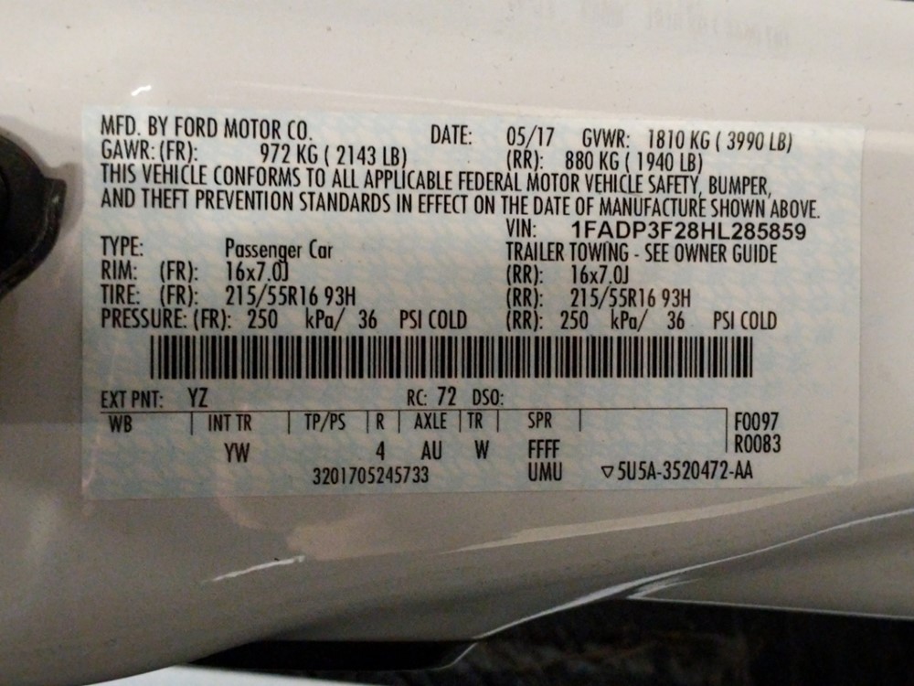 2017 Ford Focus - VIN Plate