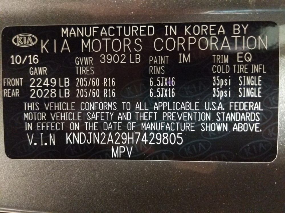 2017 Kia Soul - VIN Plate