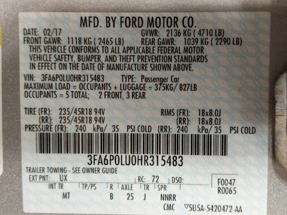2017 Ford Fusion - VIN Plate