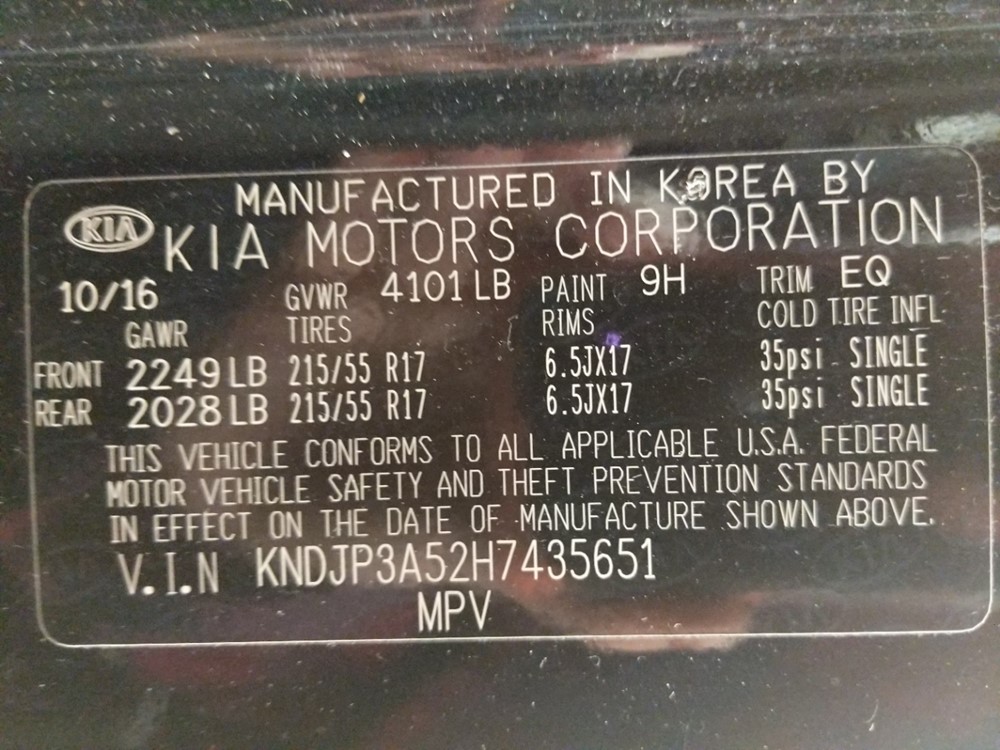 2017 Kia Soul - VIN Plate