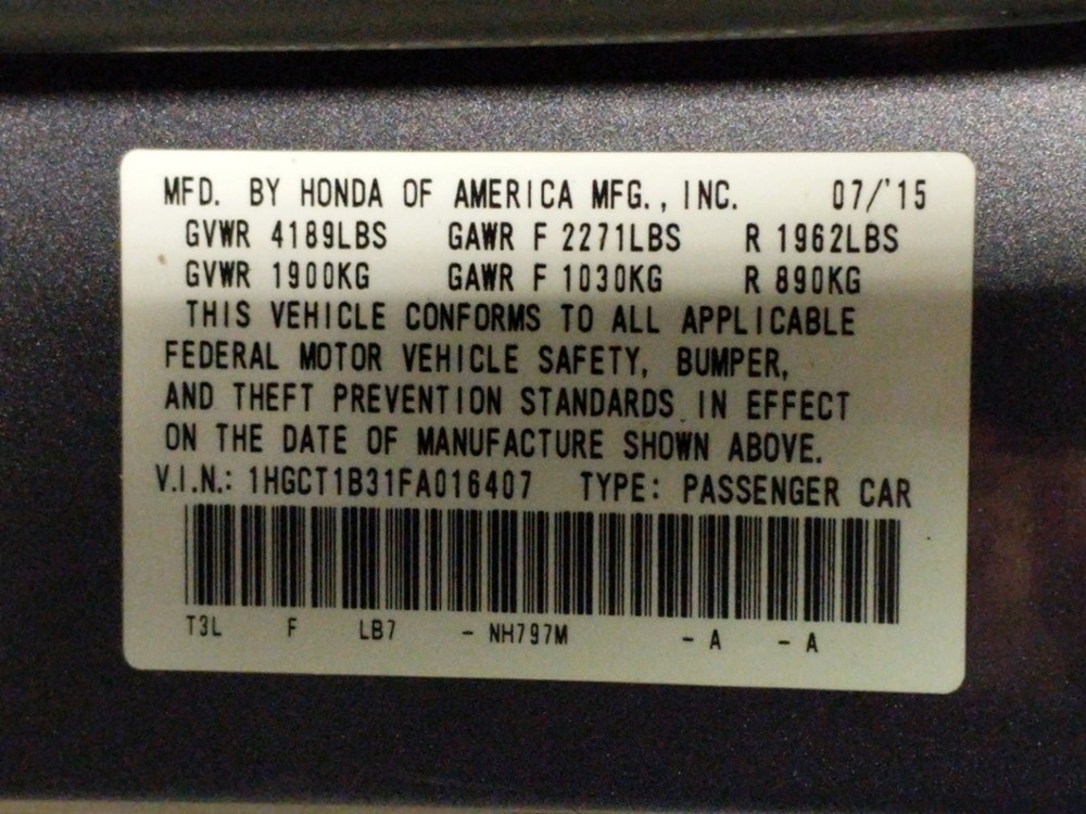 2015 Honda Accord - VIN Plate