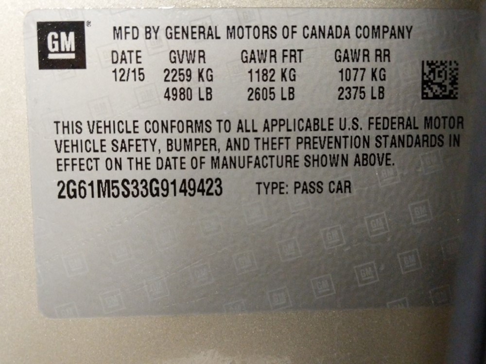 2016 Cadillac XTS - VIN Plate