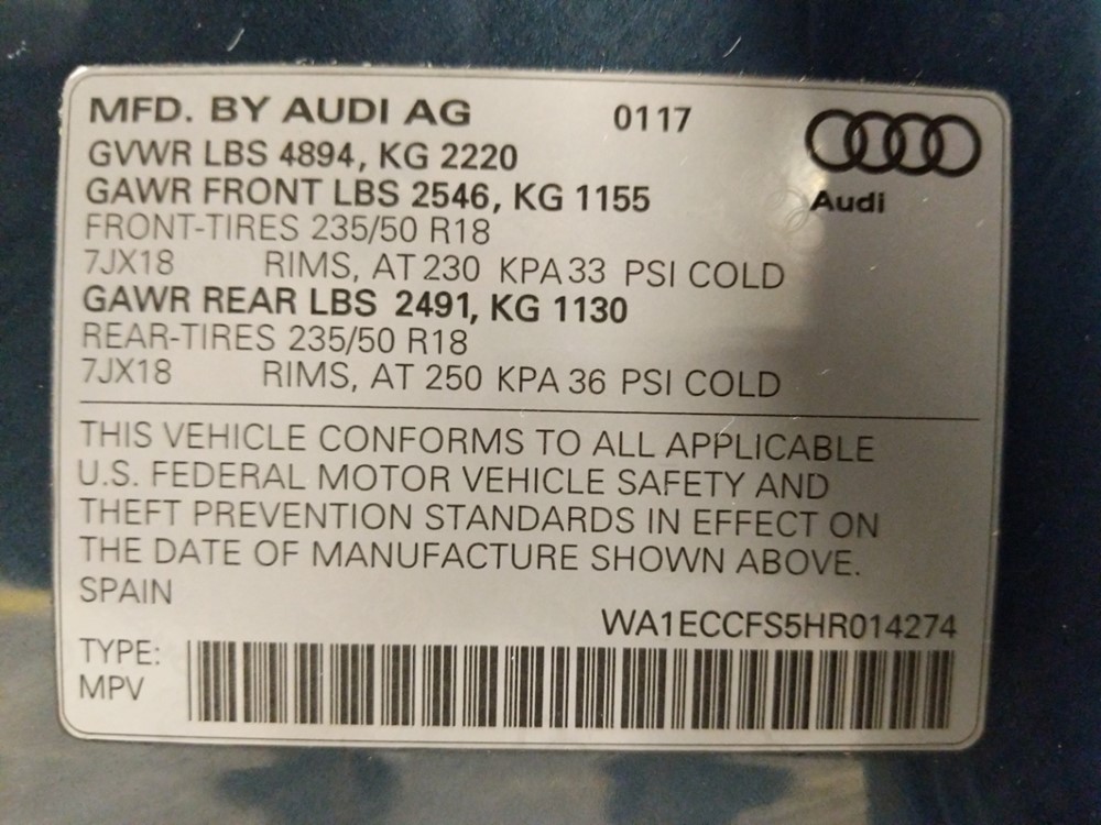 2017 Audi Q3 - VIN Plate