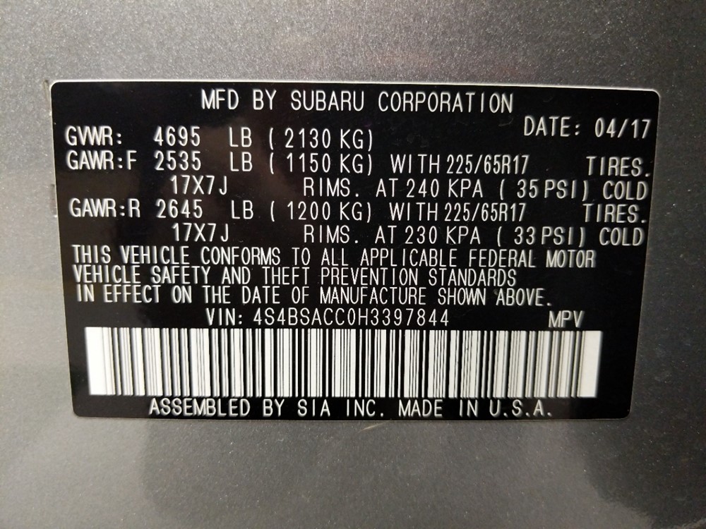 2017 Subaru Outback - VIN Plate