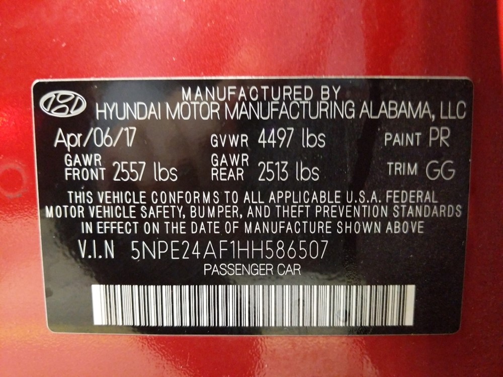 2017 Hyundai Sonata - VIN Plate