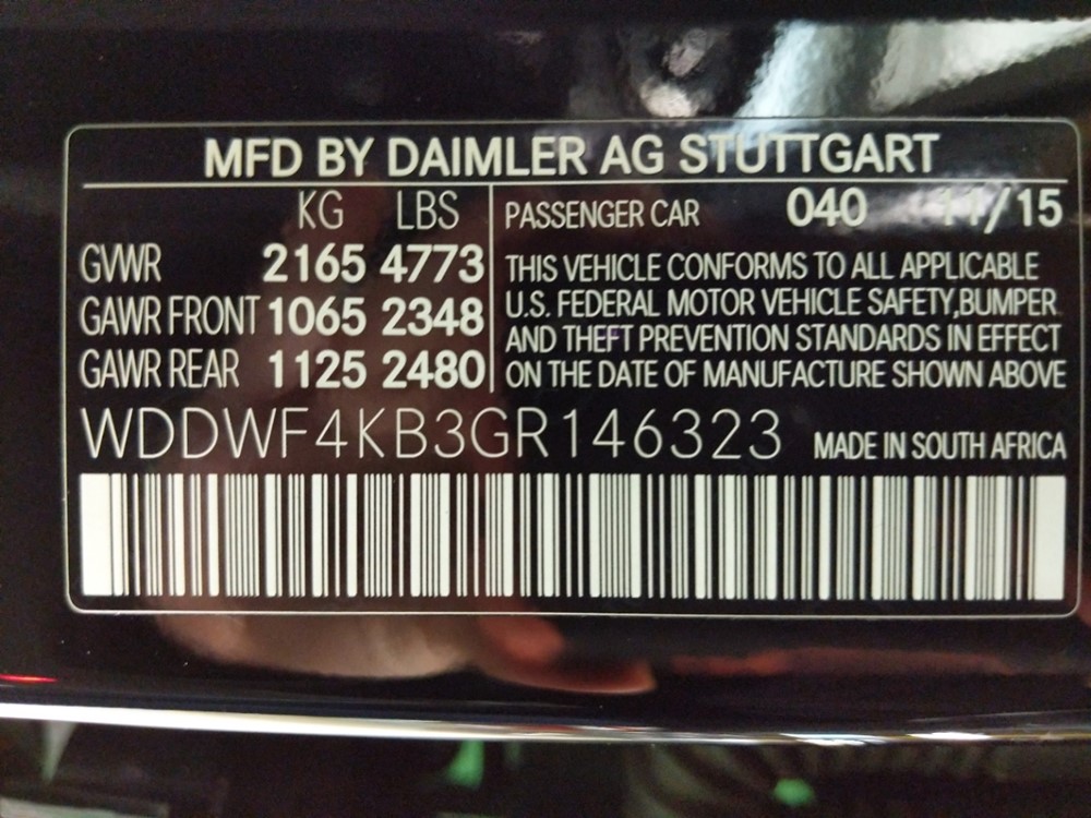 2016 Mercedes-Benz C300 - VIN Plate