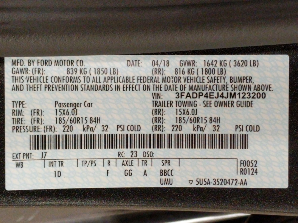2018 Ford Fiesta - VIN Plate