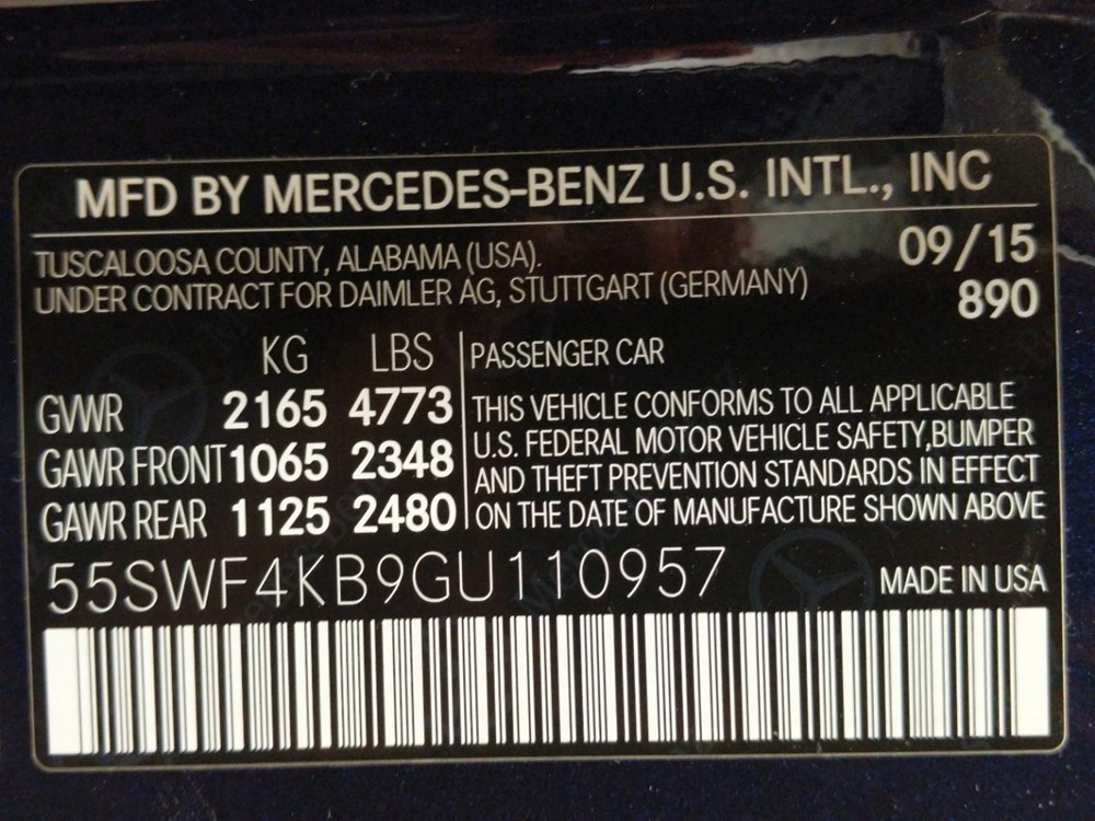 2016 Mercedes-Benz C300 - VIN Plate